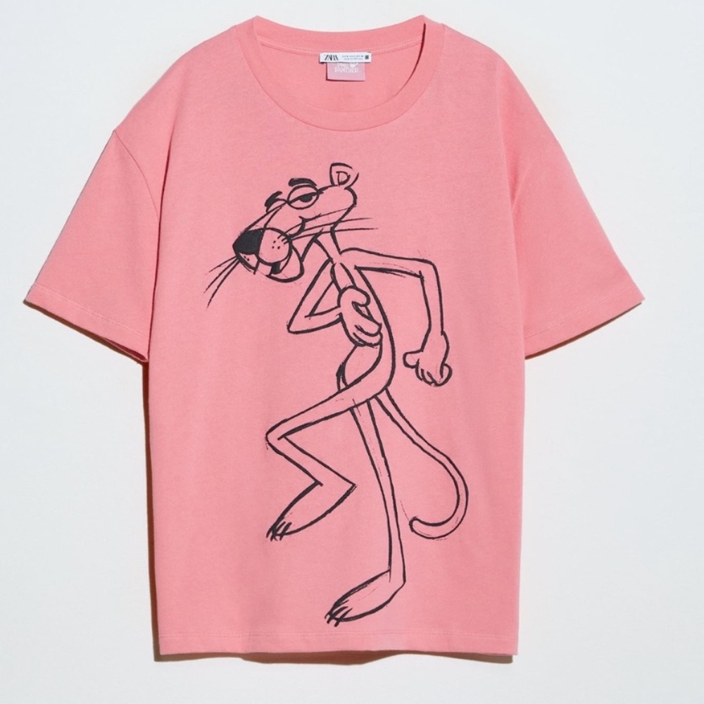 ZARA X PINK PANTHER Collab Limited Edition MGM Studios Graphic Coral Knit Tee S